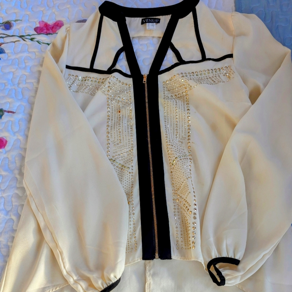 VENUS Cream and Black Blouse with Embellishments